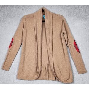 TWO BEES CASHMERE Sweater Womens Large Brown Open Cardigan Plaid Elbow Patches